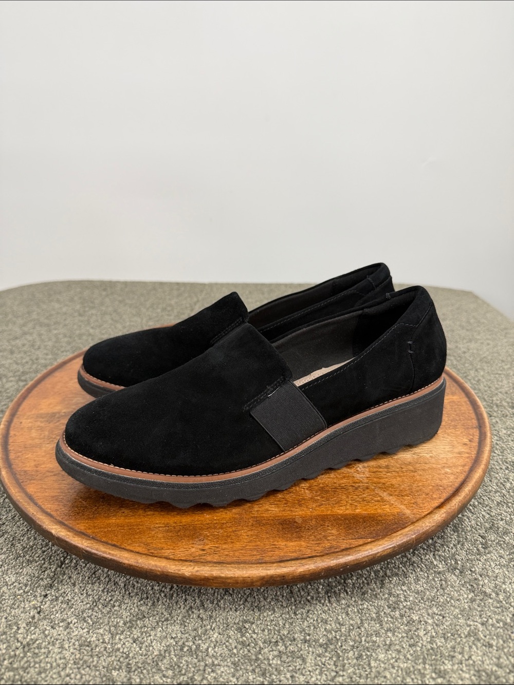 Clarks Collection Shoes Wm 10 M Black Suede Platform Loafer Comfort Slip On
